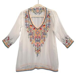 Johnny Was Embroidered Boho Tunic Top White Multicolor Floral XS Festival Hippie
